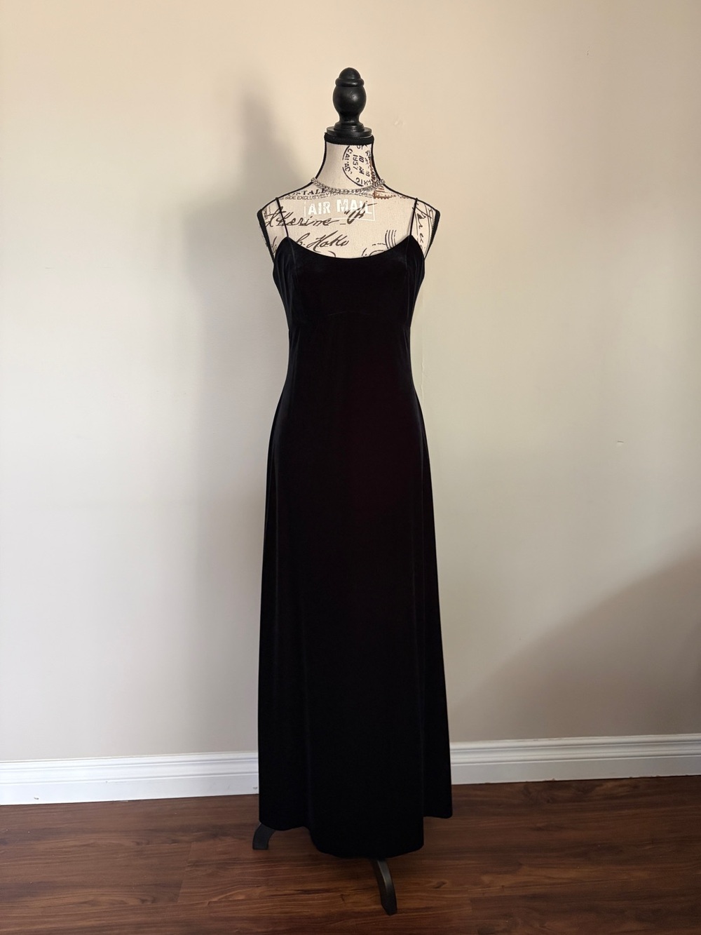 90s Vintage Black Velvet Goth Grunge Maxi Dress Spaghetti Strap | Morticia